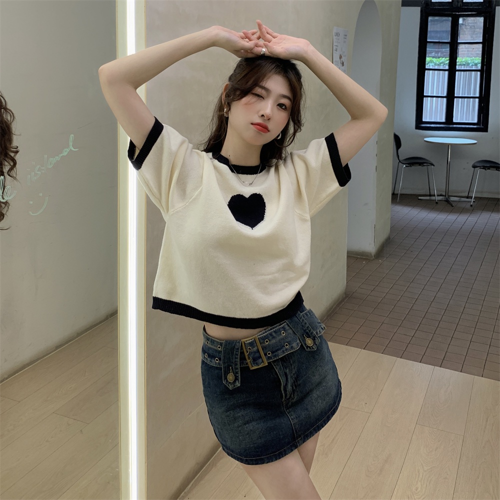 Porozi  Áo thun dệt kim  ngắn tay dáng suông họa tiết trái tim màu sắc tương phản thời trang Hàn Quốc dành cho nữ