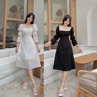 Đầm midi tay bồng dài nhúng ngực