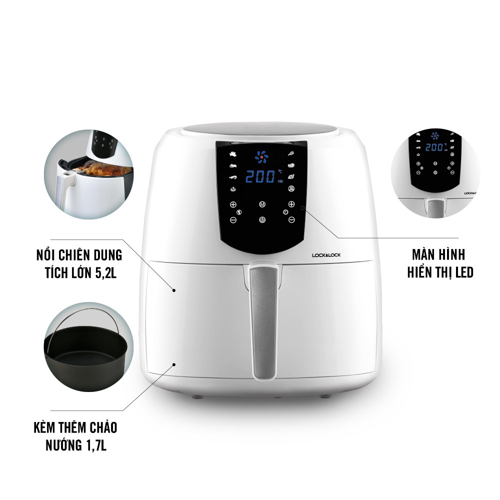 Nồi Chiên Không Dầu Lock&amp;Lock Jumbo Plus Air Fryer 5.2L Màu trắng EJF357WHT