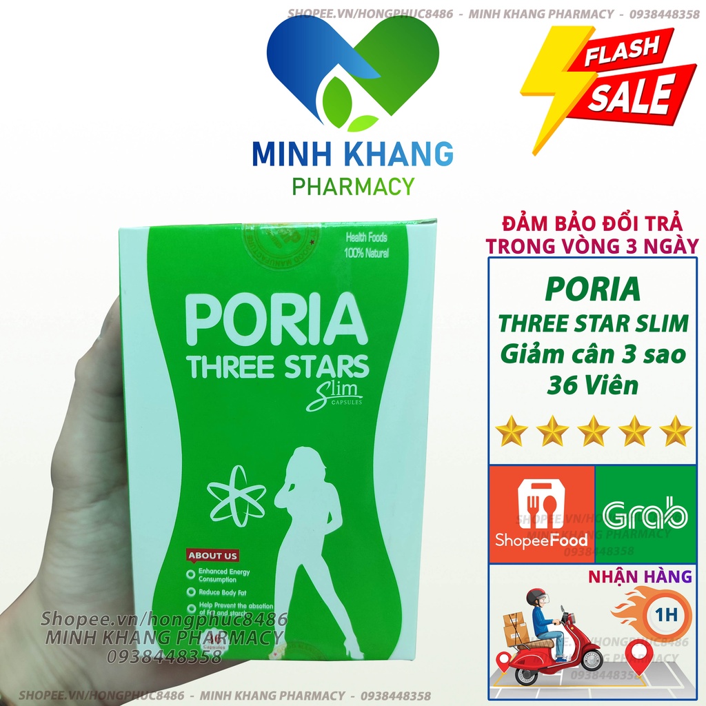 Giảm Cân Ba Sao Poria Three Stars Slim Capsules Phục Linh (Hộp 36 Viên Date Mới) MKPH Che tên sản phẩm