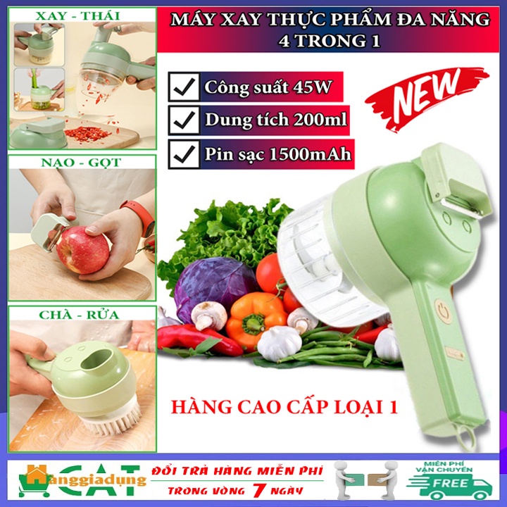 [HÀNG ĐỦ BỘ 5 PHỤ KIỆN] Máy xay cầm tay 4in1, máy xay thái lát đa năng công suất 45W, pin sạc 1500mAh, dung tích 200ml