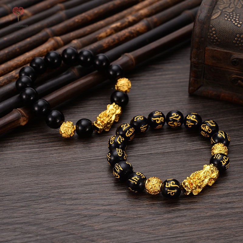 CHARMS Vòng Tay Chuỗi Hạt Đá Obsidian Màu Vàng Đồng Cho Nam