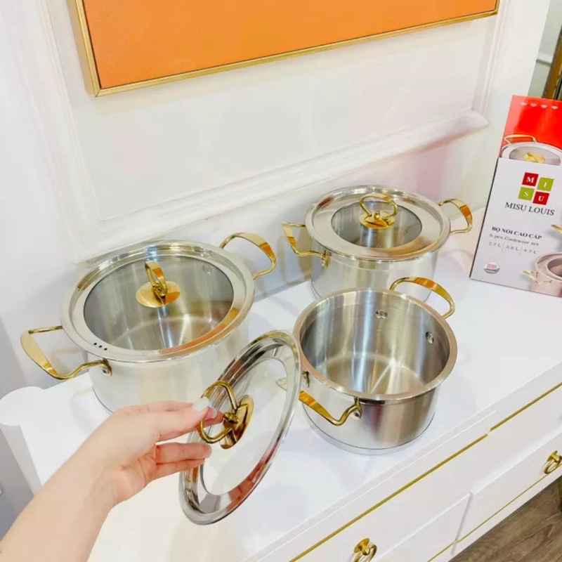 Bộ Nồi 3 Món Inox Cao Cấp MISU LOUIS Chính Hãng, Đáy Liền Nguyên Khối 3 Đáy, Sử Dụng Mọi Loại Bếp