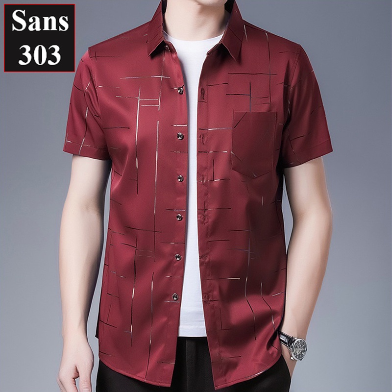 Áo sơ mi nam tay ngắn họa tiết cao cấp Sans303 big size công sở lịch lãm cổ bẻ sang trọng đỏ xanh đẹp thời trang
