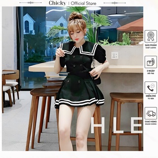 Set áo và chân váy áo crotop tay phồng phối cùng chân váy thủy thủ