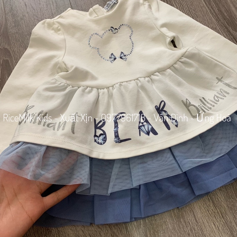Váy đầm cho bé gái gấu bean màu xanh xuất dư xịn