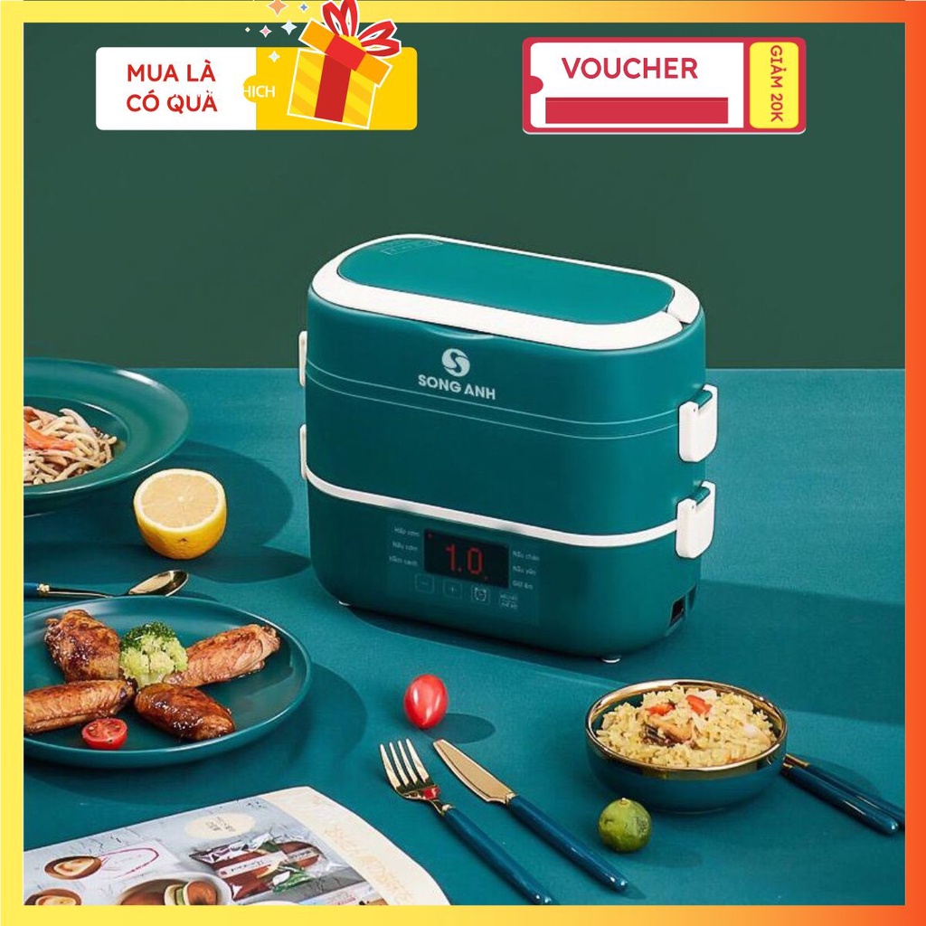 Hộp ủ cơm hâm nóng thức ăn cắm điện inox 2 tầng Song Anh, Hộp cơm giữ nhiệt thức ăn inox cao cấp