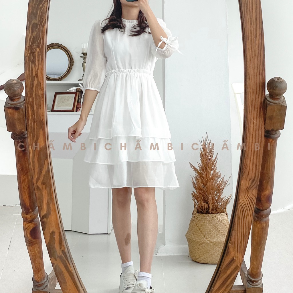 Đầm Trắng Voan Tơ Cổ Ren 3 Tầng Siêu Xinh - V.048