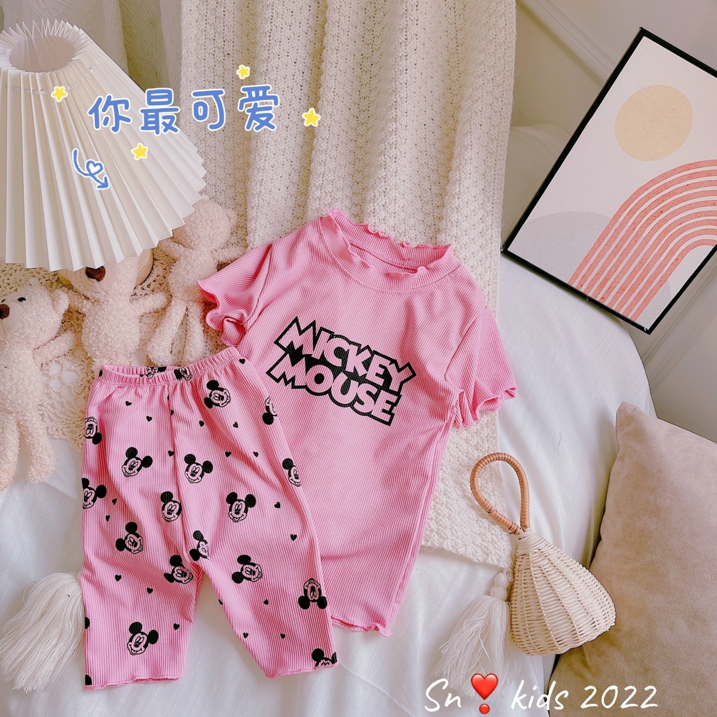 Bộ cộc tay bé gái, bộ tăm lạnh QC Mickey Mouse sóng viền cổ cho bé