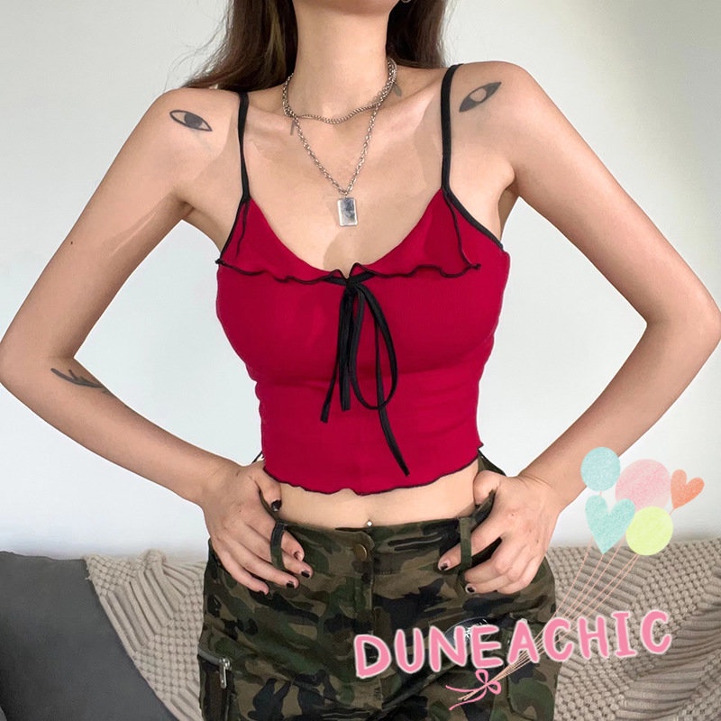 DUNEA Áo Croptop Hai Dây Hở Lưng Phối Bèo Màu Khối Thời Trang Cho Nữ
