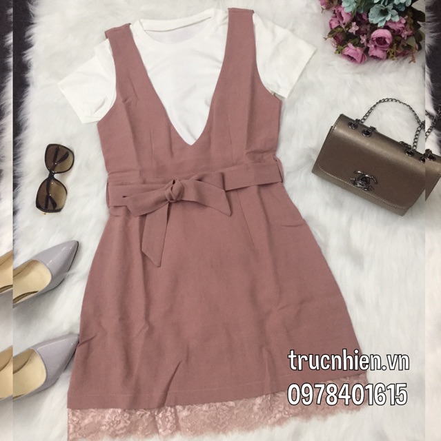 Sét đầm chữ A kèm áo trong tà phối ren
