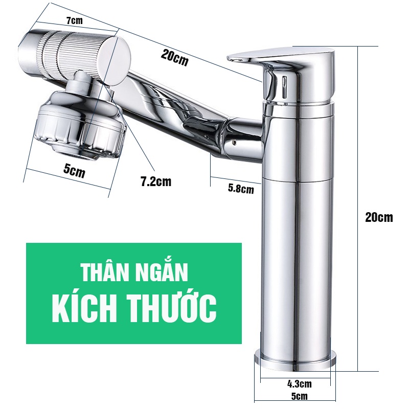 Vòi rửa mặt Lavabo xoay 720 độ gật gù, thân ngắn, mạ Crom, điều chỉnh nước Minh House