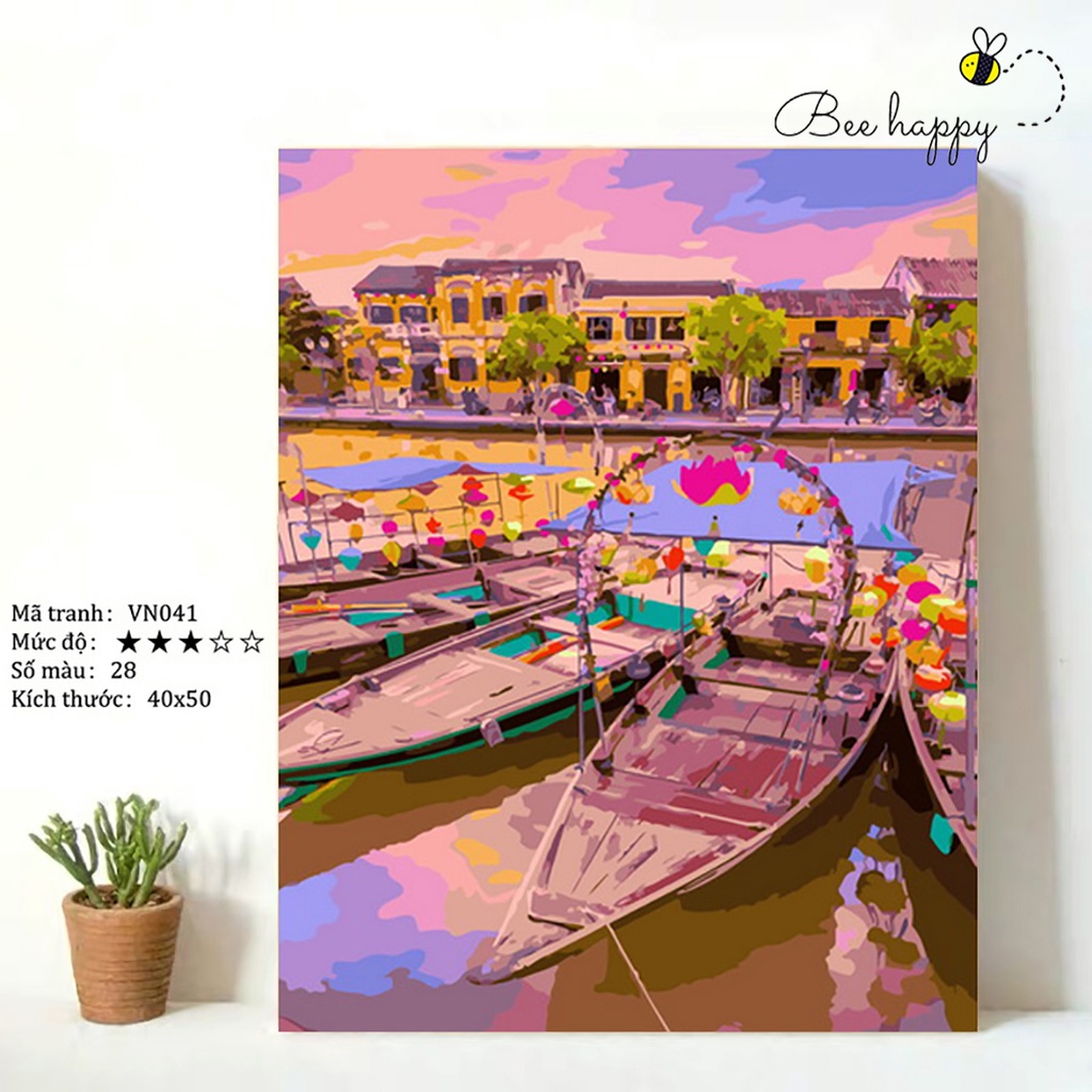 Tranh tô màu theo số Bến thuyền hoa BEE HAPPY cao cấp màu 5ml, 2 bộ cọ có sẵn mã VN041