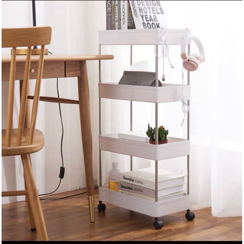 Kệ để đựng đồ đa năng cao 4 tầng có bánh xe đẩy di động nhà bếp, phòng tắm inox