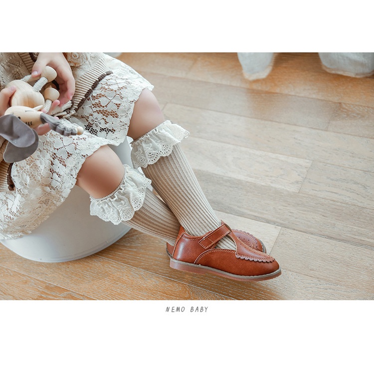 Tất/vớ cho bé gái cổ cao đính ren kiểu vintage tông màu pastel Hàn Quốc cao cấp Nemo Baby