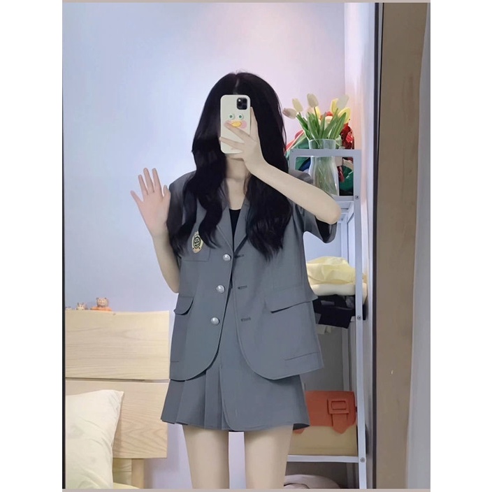 Set Áo Váy Ngắn Màu Xám Phong Cách Hàn Quốc Thời Trang Mùa Hè Cho Nữ