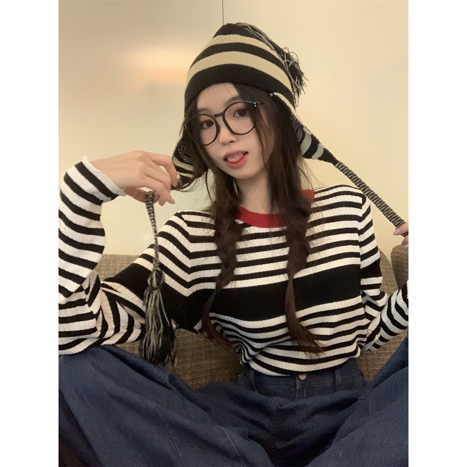 Áo ZHELIHANGFEI dệt kim tay dài họa tiết sọc thời trang phong cách