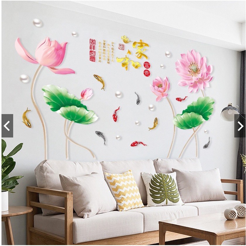 Decal dán tết - Hoa Sen Hồng phấn cá coi ngọc trai ( 2 tấm )