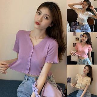 Áo lửng cổ chữ V ôm dáng trang trí hàng nút cho nữ