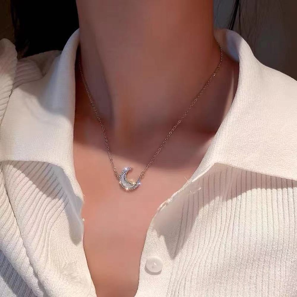 Vòng cổ choker hình mặt trăng đính đá kim cương phong cách Hàn Quốc đơn giản xinh xắn cho nữ