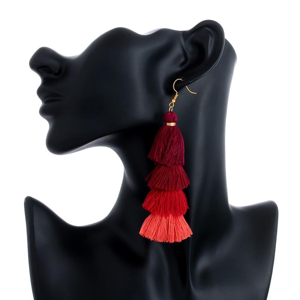 1 Đôi Bông Tai Tua Rua Dài Nhiều Lớp Bằng Vải Lụa Thời Trang Dân Tộc Boho