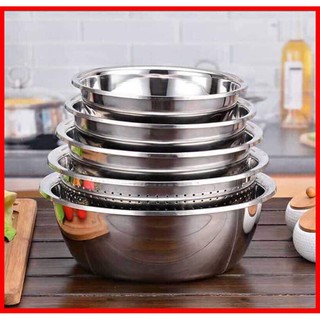 Set 5 bộ rổ, thau bằng inox cao cấp