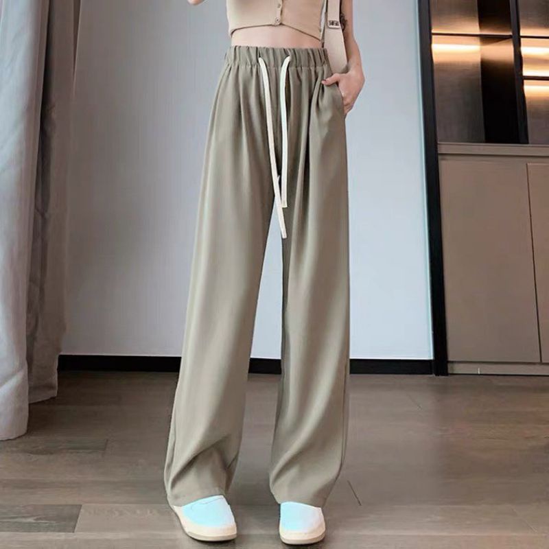 Quần ống rộng nữ lưng cao cạp thun chun dây rút dáng dài thể thao vải đen nâu, Quần tây ống suông rộng nữ đi học công sở