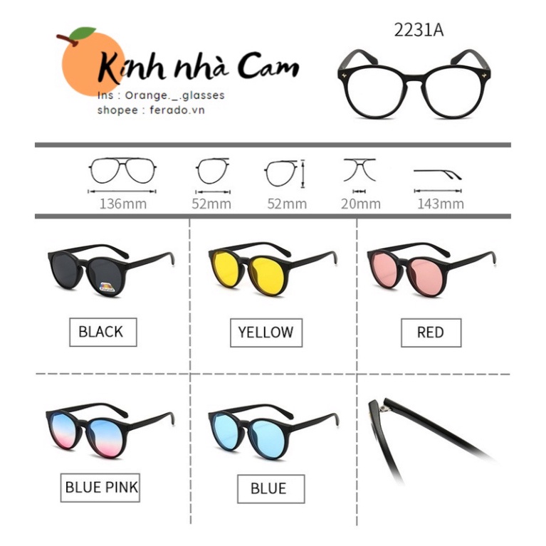 Kính Đa Tròng 5 IN 1 Gọng Tròn 2231A Tặng Kèm Bao Da, Kính Râm Nam Nữ Chống Nắng UV400 Nhiều Màu Sắc FERADO