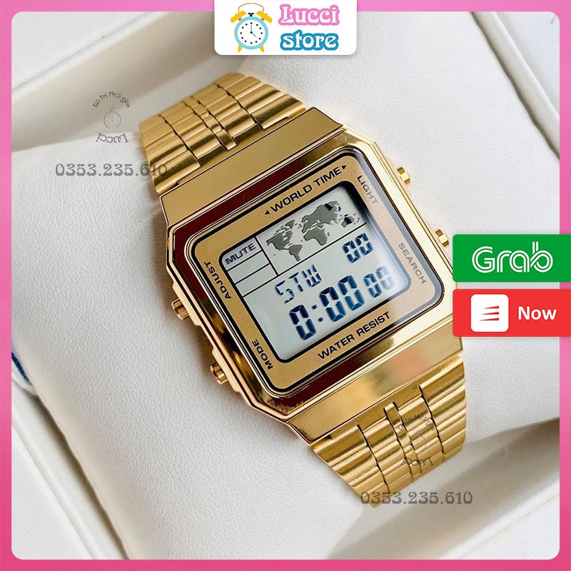 Đồng hồ đeo tay điện tử Nam A500, dây kim loại, máy Nhật, mặt vuông, chống nước tốt