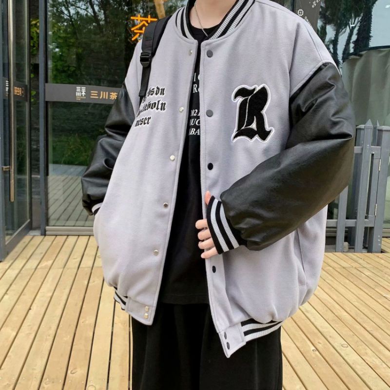 ÁO KHOÁC BÓNG CHÀY ĐÓNG CÚC PHỐI TAY DA HÀNG QUẢNG CHÂU