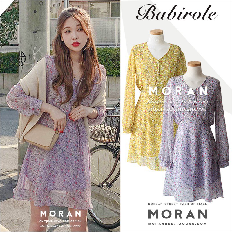 Váy MORAN hoa nhí dài tay dáng xòe Vintage Hàn Quốc