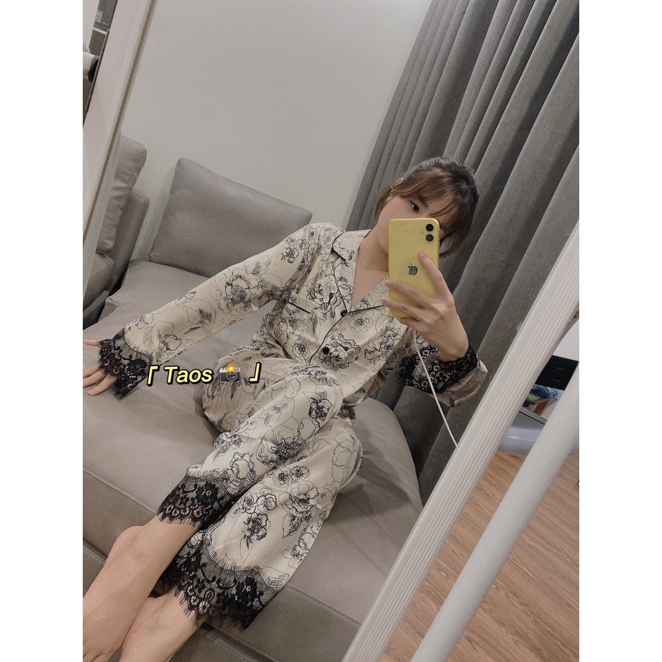 Bộ ngủ lụa hoa phối ren