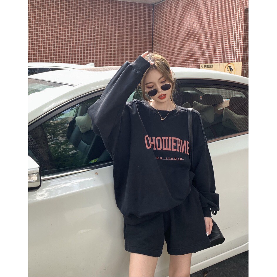 Set thể thao nỉ OTHO dáng rộng unisex trẻ trung cá tính/ Set áo nỉ cổ tròn kèm quần short ống rộng_xuongmaythuhien