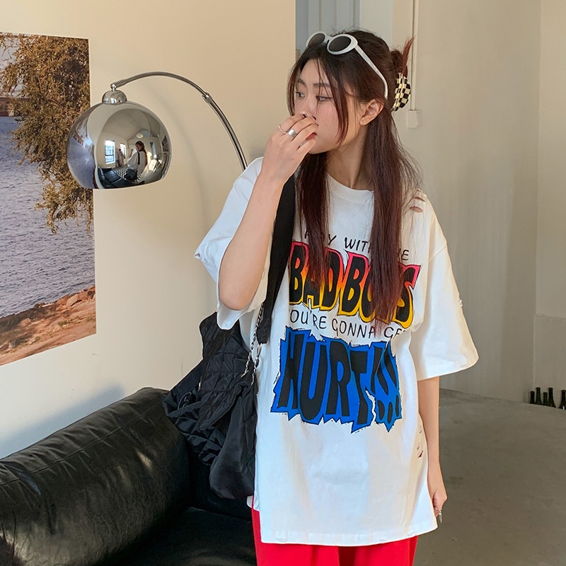 SUXI Áo Thun Tay Ngắn Dáng Rộng In Chữ Thời Trang Mùa Hè Dễ Phối Đồ Cho Nữ