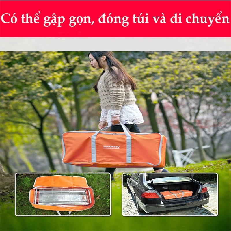 Bếp nướng BBQ ngoài trời dã ngoại nướng than hoa inox có thể gấp gọn chân cao xếp kèm phụ kiện