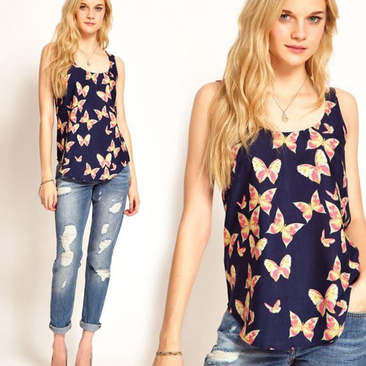 Áo sát nách chất chiffon hoạ tiết bướm thiết kế cổ tròn thanh lịch