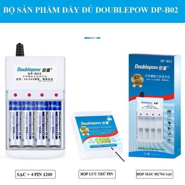 Combo bộ sạc pin AA tặng kèm 4 pin sạc Doublepow 1.200mAh