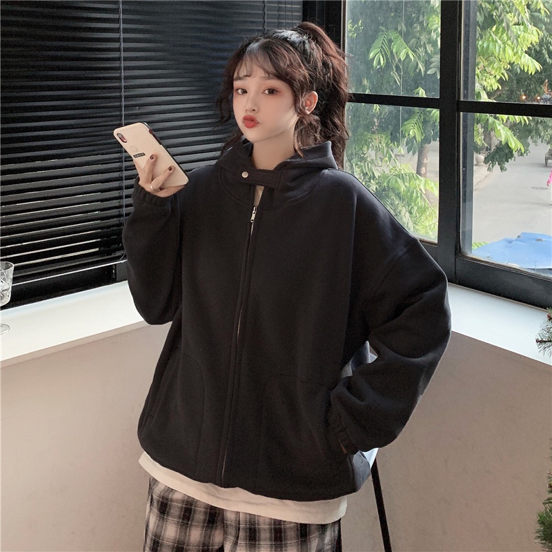 Áo hoodie dài tay màu trơn phối khóa kéo thời trang mùa thu năng động