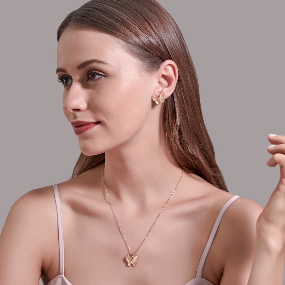 Bộ Dây Chuyền Và Bông Tai Hình Bướm Đính Đá Trắng Cho Nữ