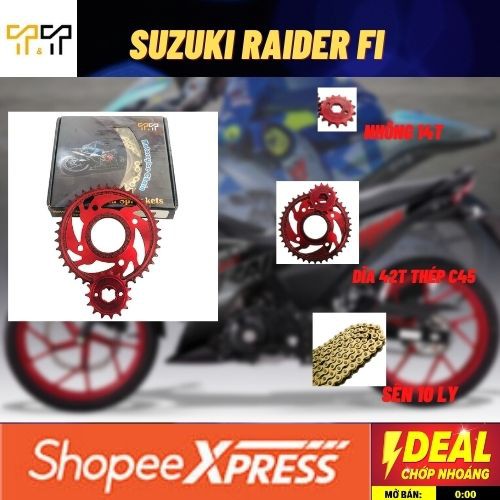 Bộ nhông sên dĩa Suzuki Raider Fi ( màu đỏ), Thép C45, bảo hành 6 tháng 1 đổi 1 - Cam kết sên mượt, bền - Tây Thành Shop