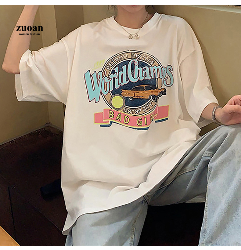 SUXI Áo thun ngắn tay cổ tròn in họa tiết thời trang năng động Hàn Quốc