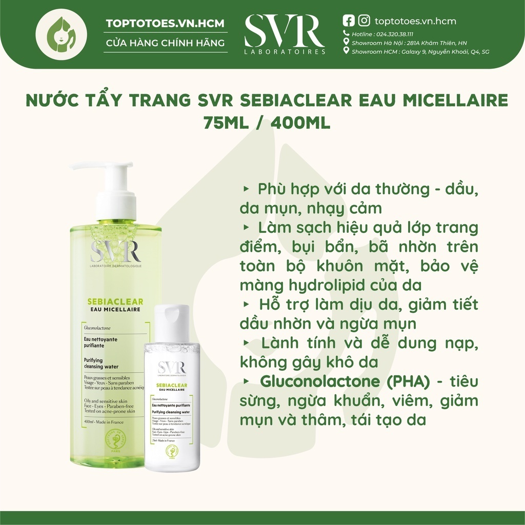 Nước tẩy trang cho da dầu mụn SVR Sebiaclear Eau Micellaire 75ML/ 400ML [NHẬP KHẨU CHÍNH HÃNG 100%]