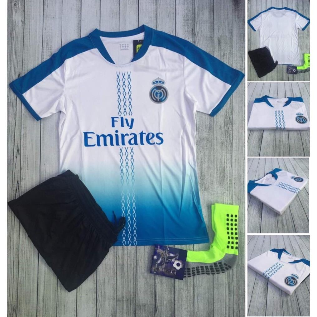 Bộ Quần Áo Thun Ngắn Tay Bóng Đá CLB REAL MADRID 2019 Thun Lạnh Cao Cấp Thái Lan - Trắng Xanh