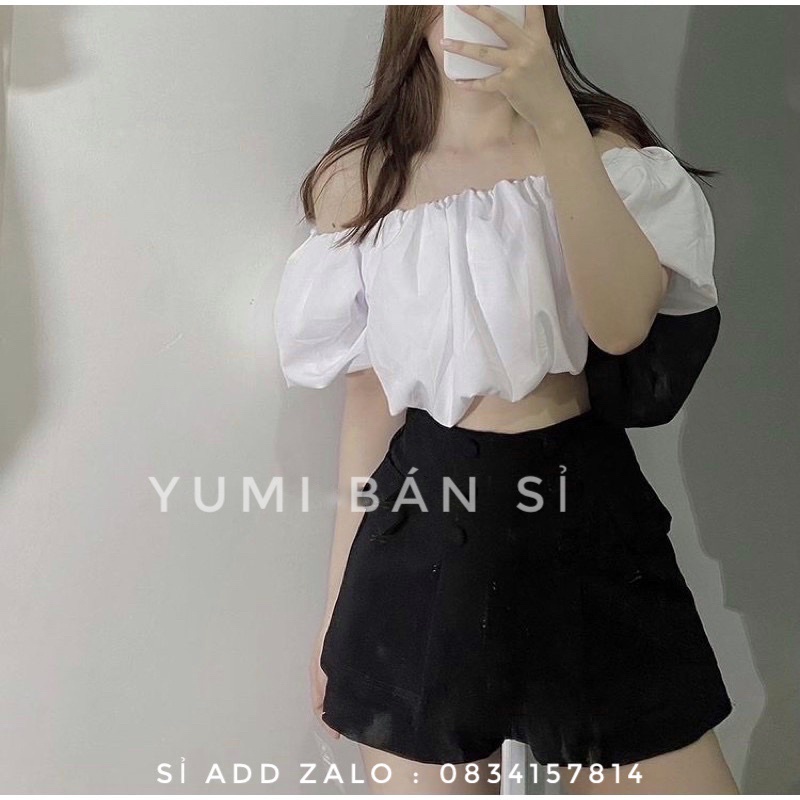 Áo Croptop Tay Bí Trễ Vai 2 lớp siêu xinh xắn YUMI BÁN SỈ