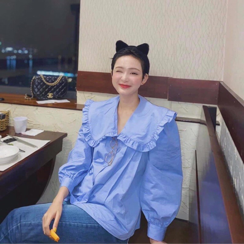 Áo sơmi xanh baby blue tay phồng cổ sen bèo xếp ly
