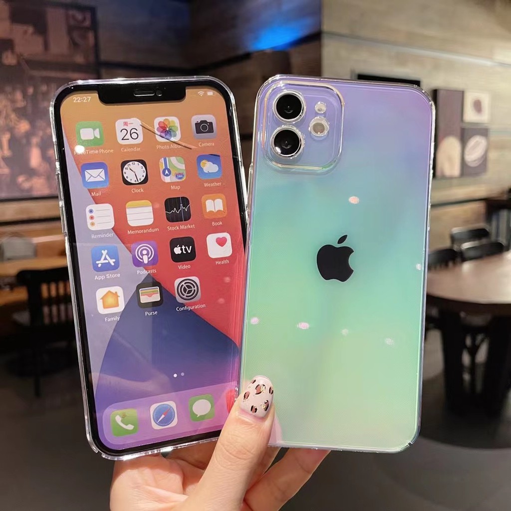 Hình vuông sang trọng Bóng Mạ điện trong suốt laze cầu vồng mềm cứng Vỏ điện thoại iPhone 7 8 Plus X XS XR XsMax 12 11 11PRO 11PRO MAX Gradient trong suốt Vỏ acrylic