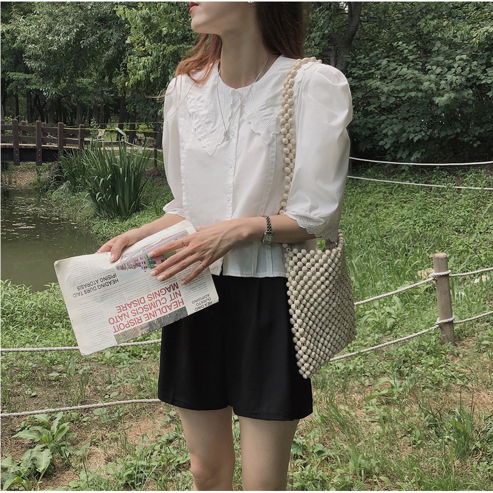 Áo kiểu Peppermint 36062 tay ngắn cổ búp bê phối màu xinh xắn dành cho nữ tùy chọn màu sắc