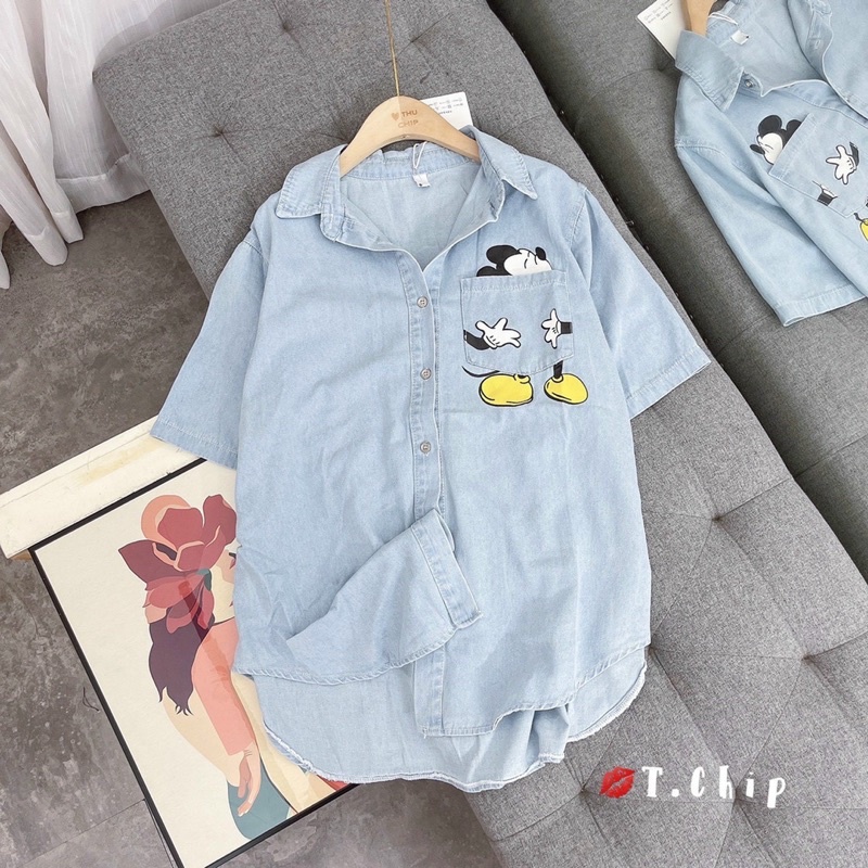 Áo sơ mi tay lỡ bò thụng chuột micky/ áo sơ my phom thụng đuôi tôm | BigBuy360 - bigbuy360.vn
