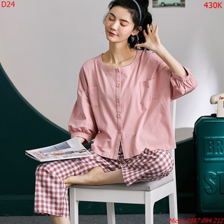 Bộ mặc nhà cotton cao cấp màu hồng phấn cái khuy tay lỡ- Micha D24