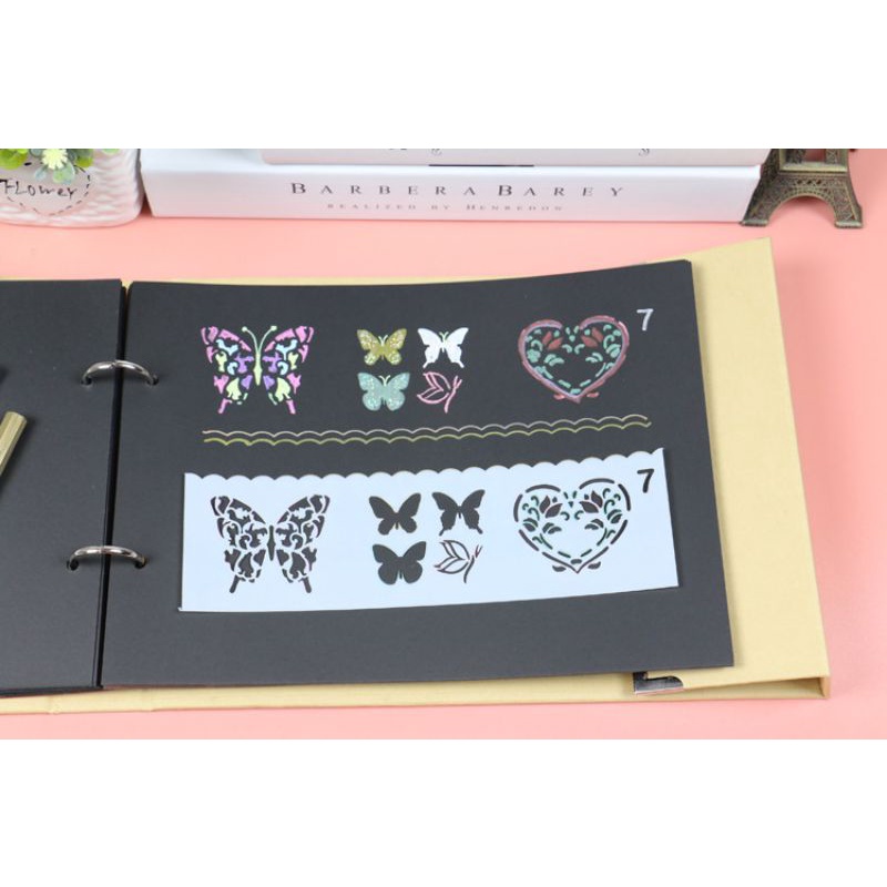 Bộ 8 khuôn vẽ tranh tô màu  hình con vật, hoa lá, nhân vật hoạt hình, xe cộ... Khuôn phun sơn trang trí DIY